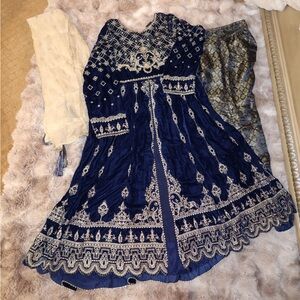 Naqshi 3 piece Elegant Navy Blue Kids Dress with Intricate Patterns